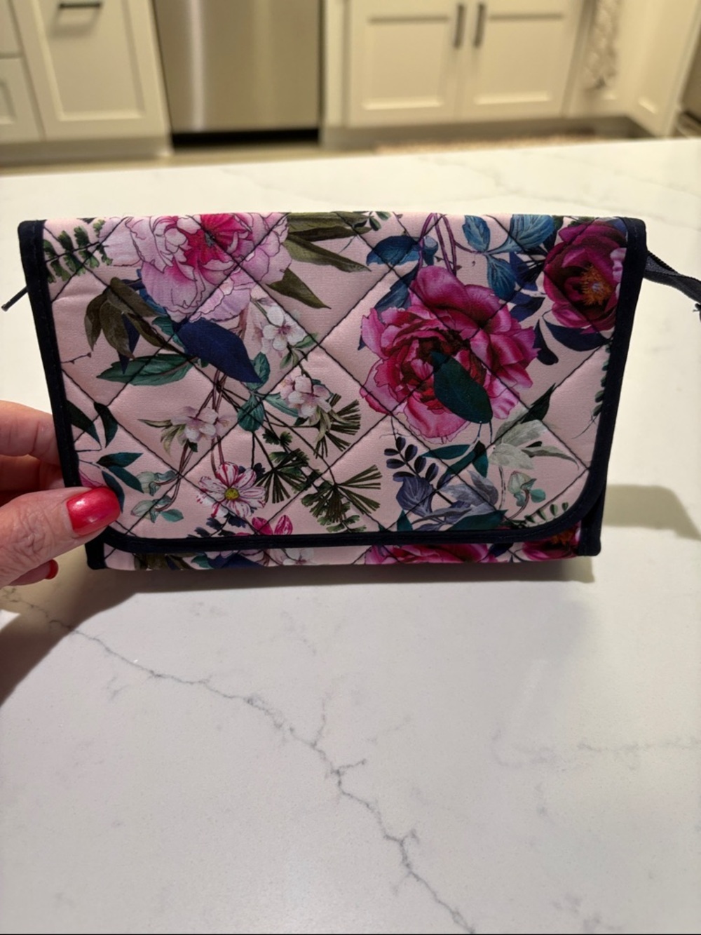 Floral Quilted Foldover Cosmetic Bag with mirror - Pink Floral…. - Picture 7 of 7